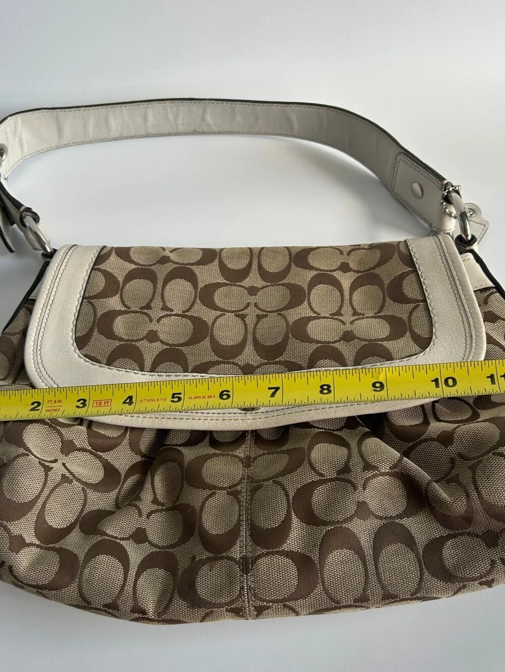 Coach Soho Signature Flap Shoulder Bag Khaki Canvas White Leather Trim